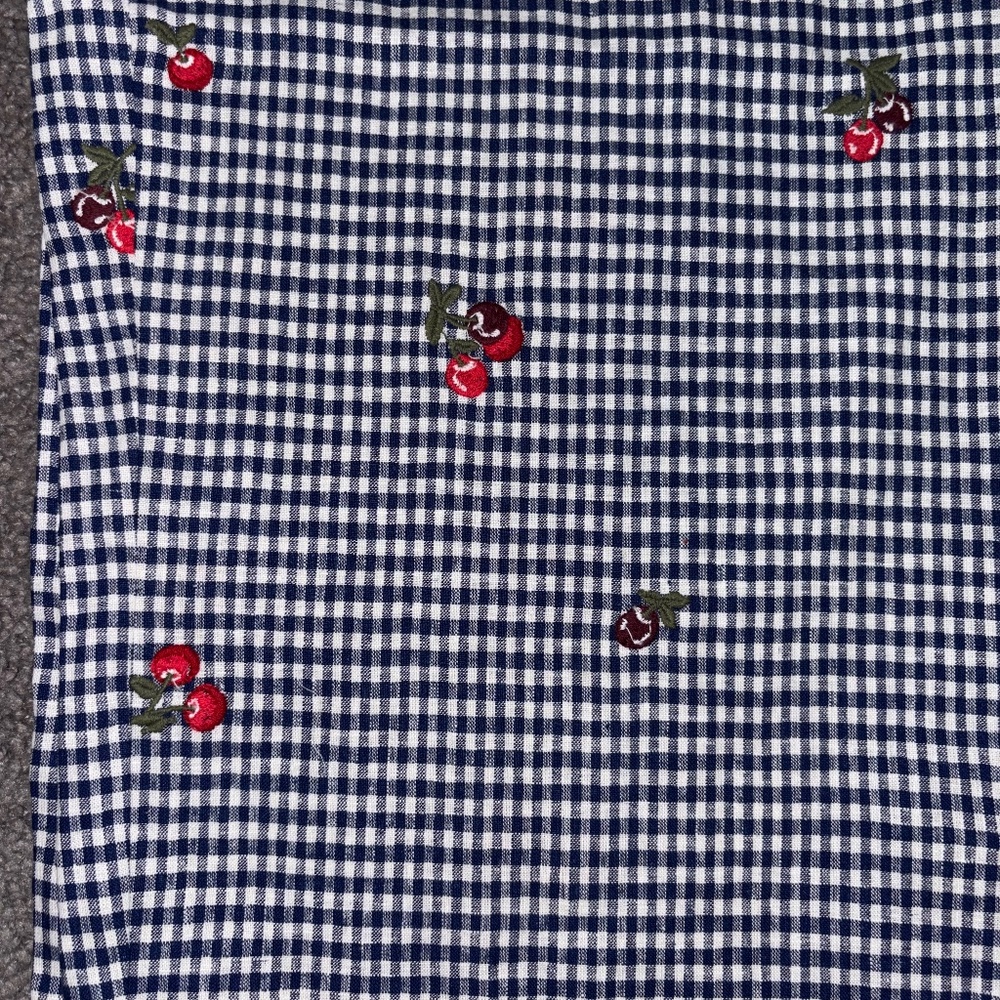NICOLE MILLER Blue White Gingham Linen Pant Cherry Embroidered Drawstring Size 8 - Picture 7 of 9